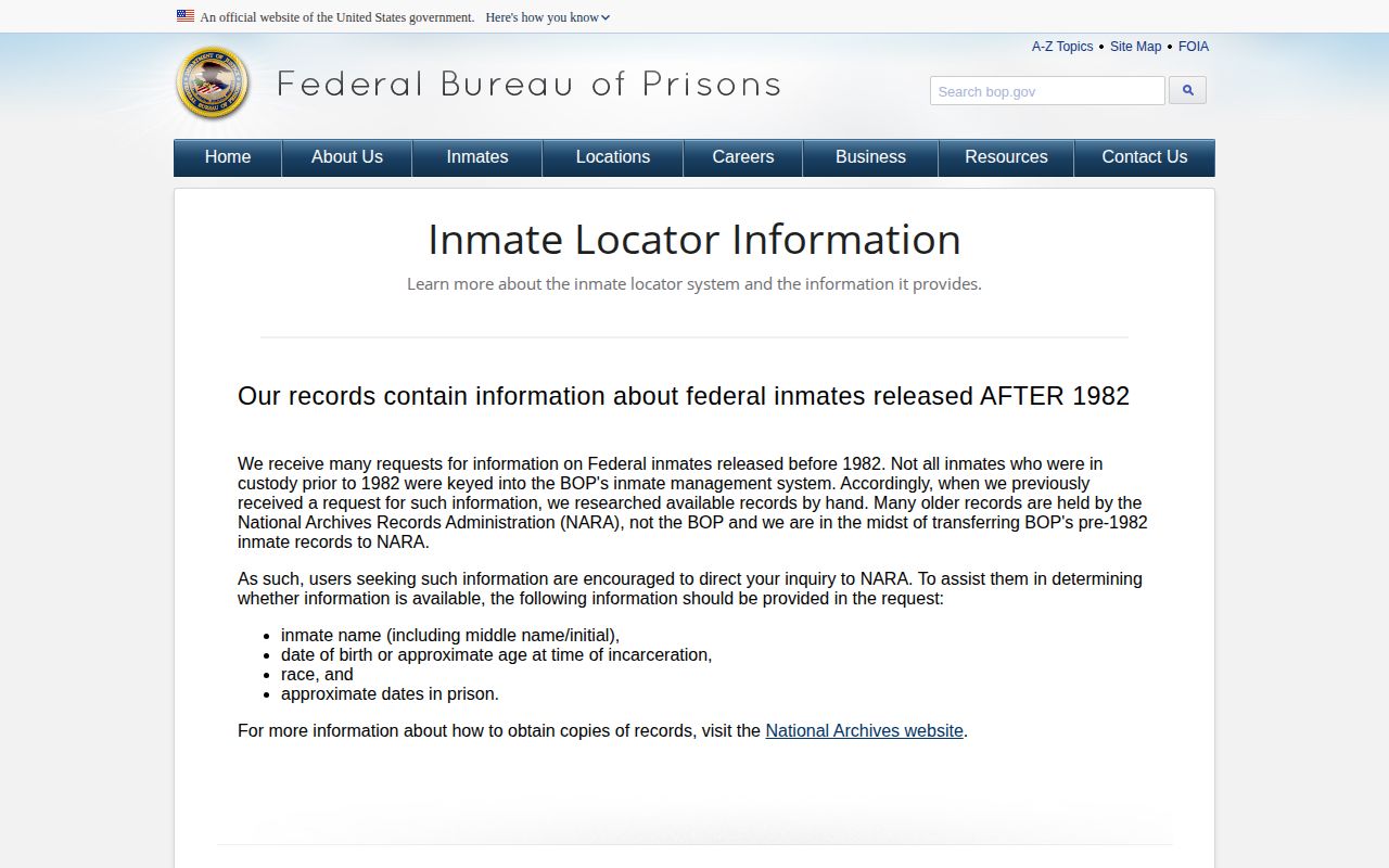 BOP federal release definitions for Mobile County federal custody checks