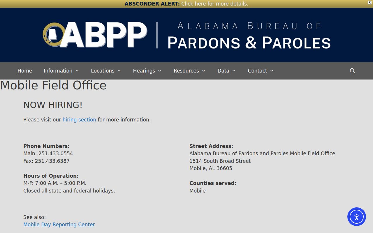 Mobile County post-release supervision ABPP Mobile Field Office page